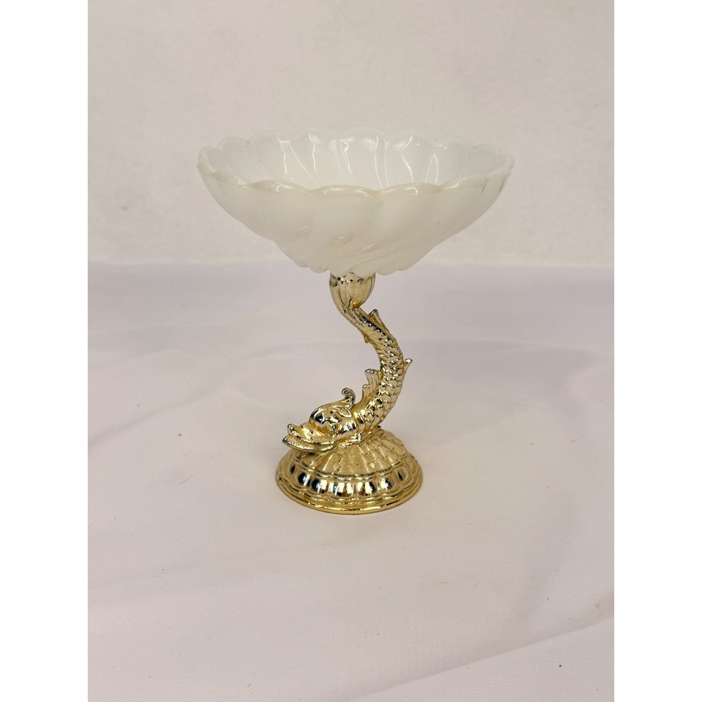 Vintage White Milk Glass Scalloped Bowl Gold Koi Fish Pedestal Candy Dish